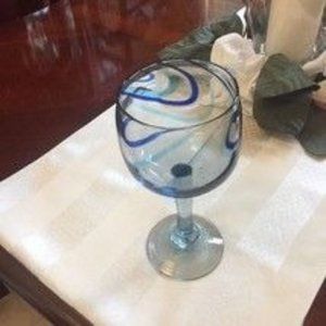 Stemmed Wine Glass Hand Blown Hand Made Balloon Style Blue Tint Blue Swirls